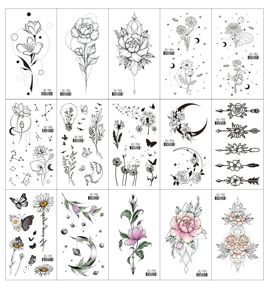 15PCS Black Small Butterfly Rose Tatoos Waterproof Temporary Tattoo Stickers Women Sexy Neck Hand Chest Body Art Fake Tattoos