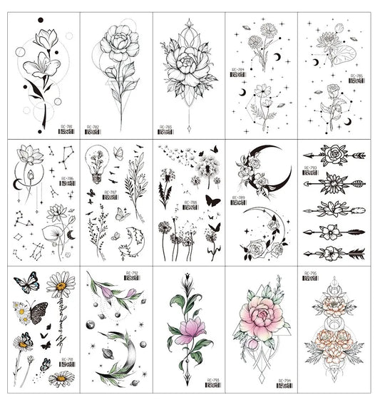 15PCS Black Small Butterfly Rose Tatoos Waterproof Temporary Tattoo Stickers Women Sexy Neck Hand Chest Body Art Fake Tattoos