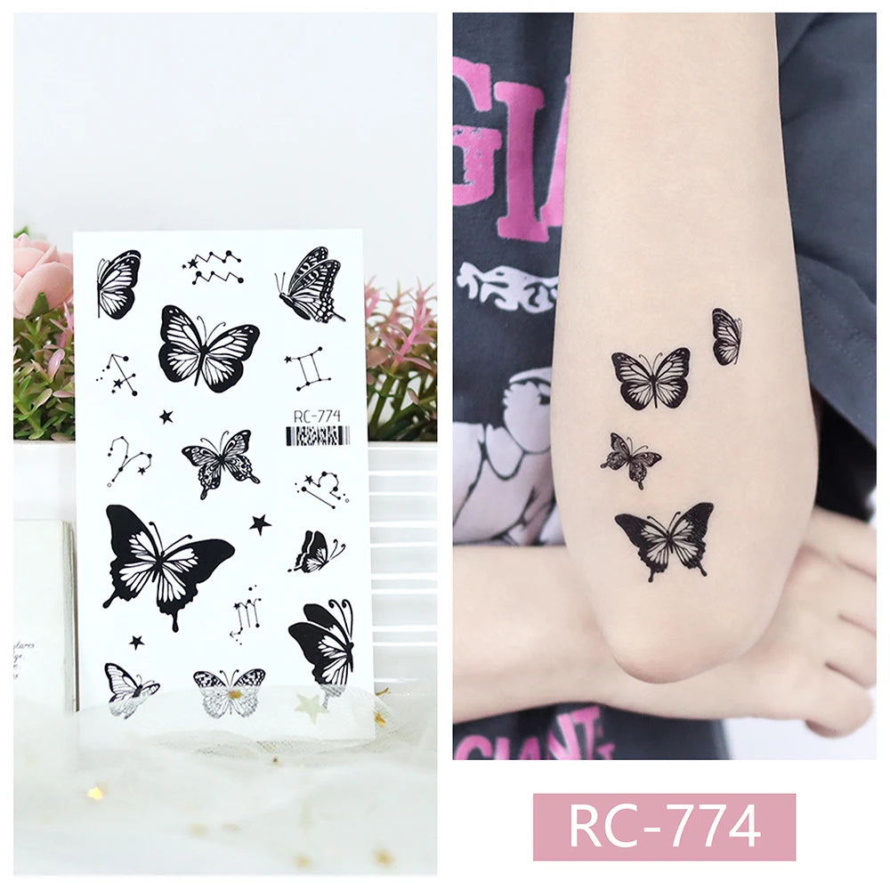 15PCS Black Small Butterfly Rose Tatoos Waterproof Temporary Tattoo Stickers Women Sexy Neck Hand Chest Body Art Fake Tattoos