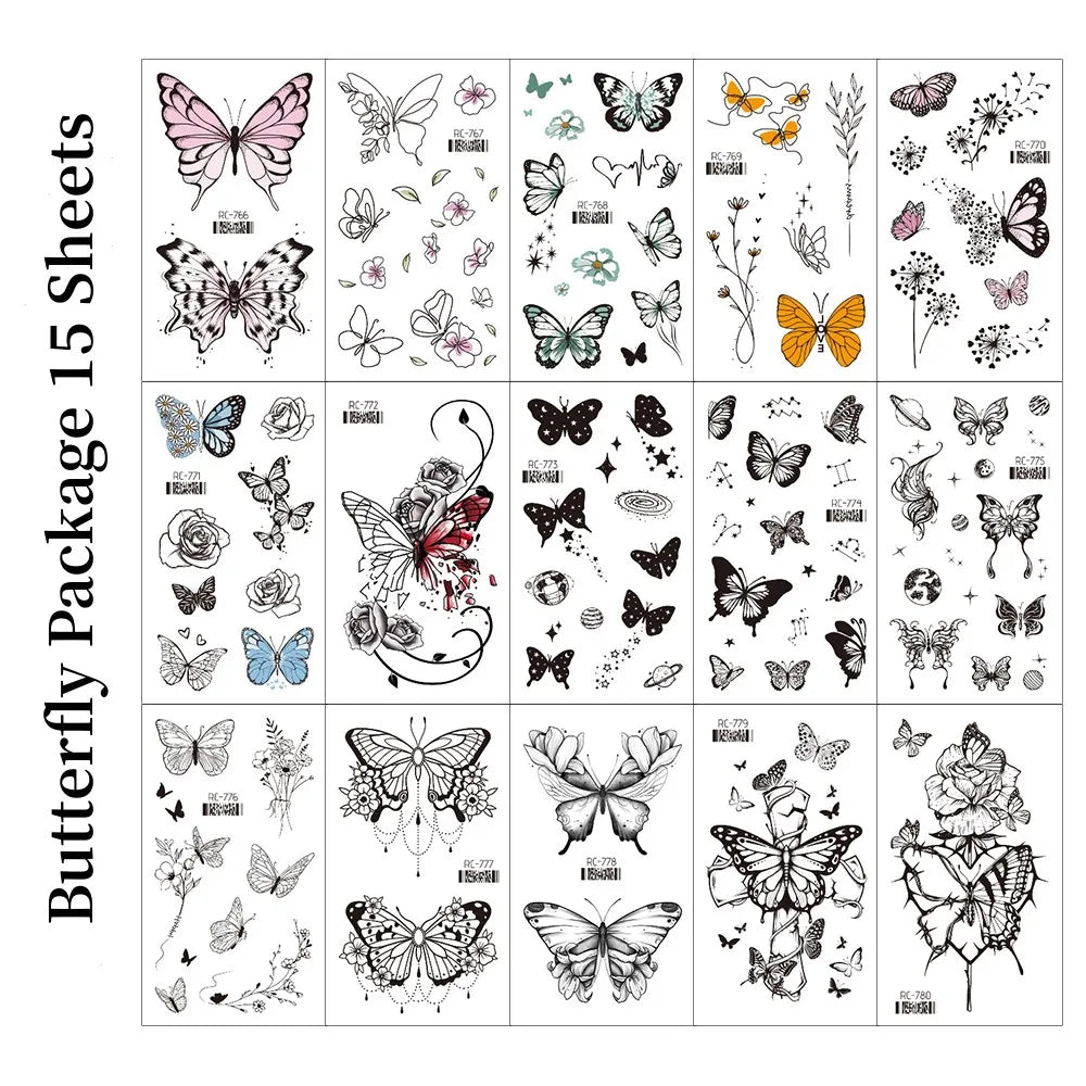 15PCS Black Small Butterfly Rose Tatoos Waterproof Temporary Tattoo Stickers Women Sexy Neck Hand Chest Body Art Fake Tattoos