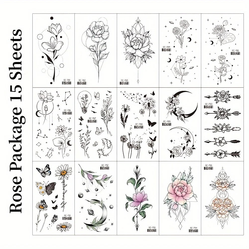 15PCS Black Small Butterfly Rose Tatoos Waterproof Temporary Tattoo Stickers Women Sexy Neck Hand Chest Body Art Fake Tattoos